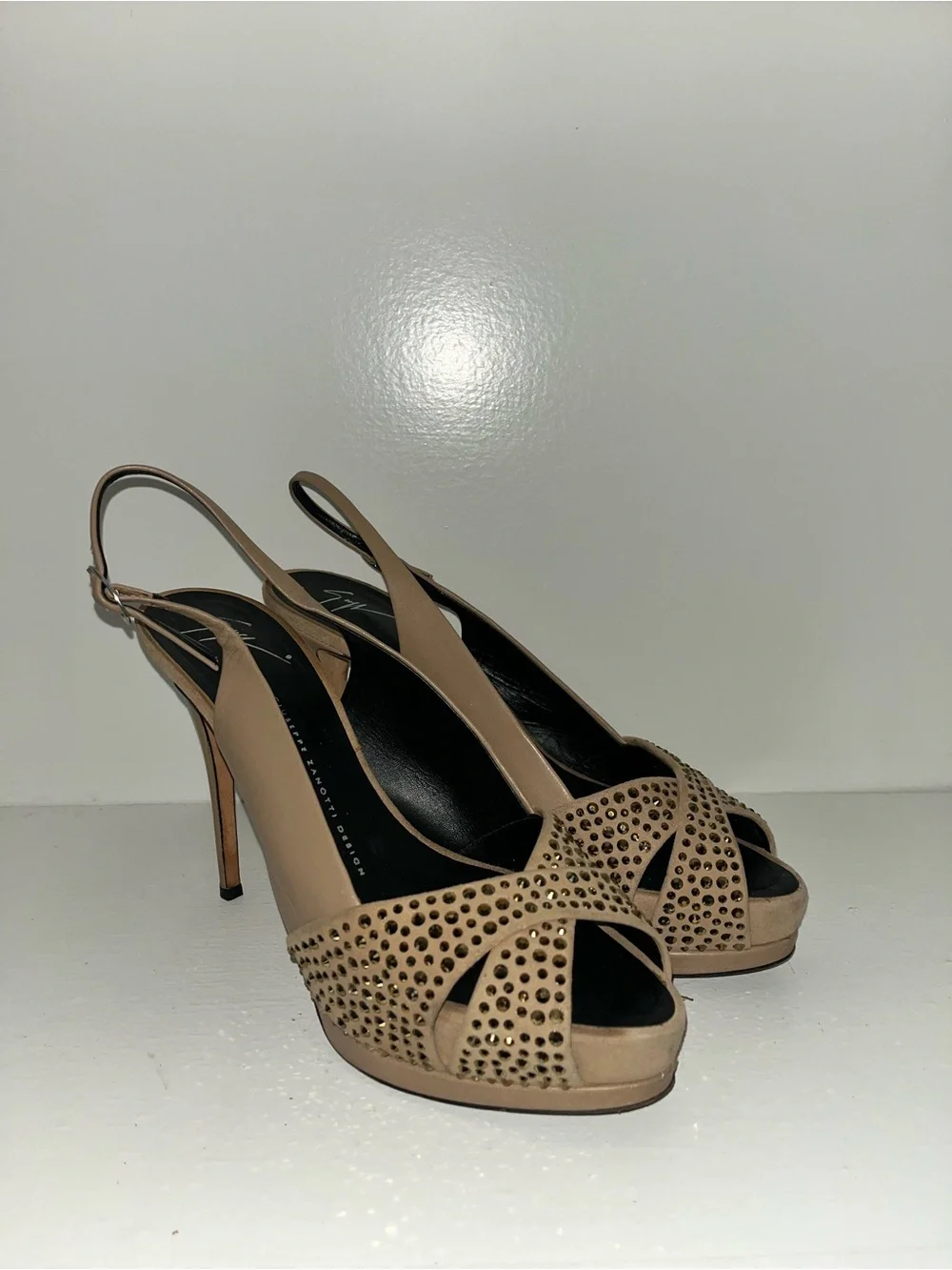Giuseppe Zanotti Nude Beige Studded Peep-Toe Platform Slingback Heels